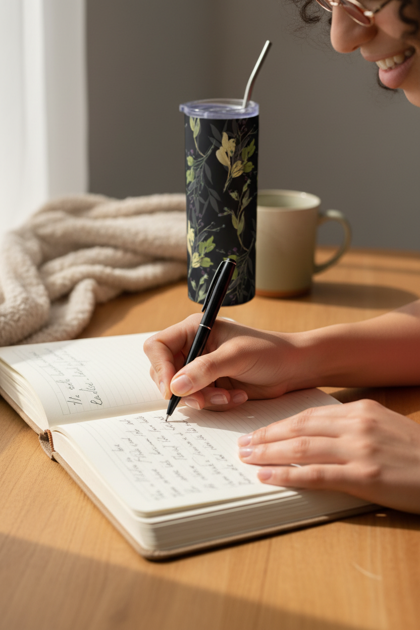 Journaling hands with tumbler